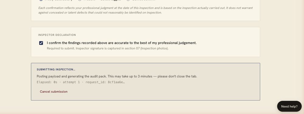 Submitting the inspection and generating the evidenced record