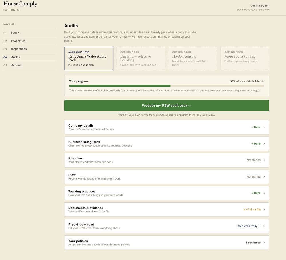The audits hub where a Rent Smart Wales pack is produced on demand