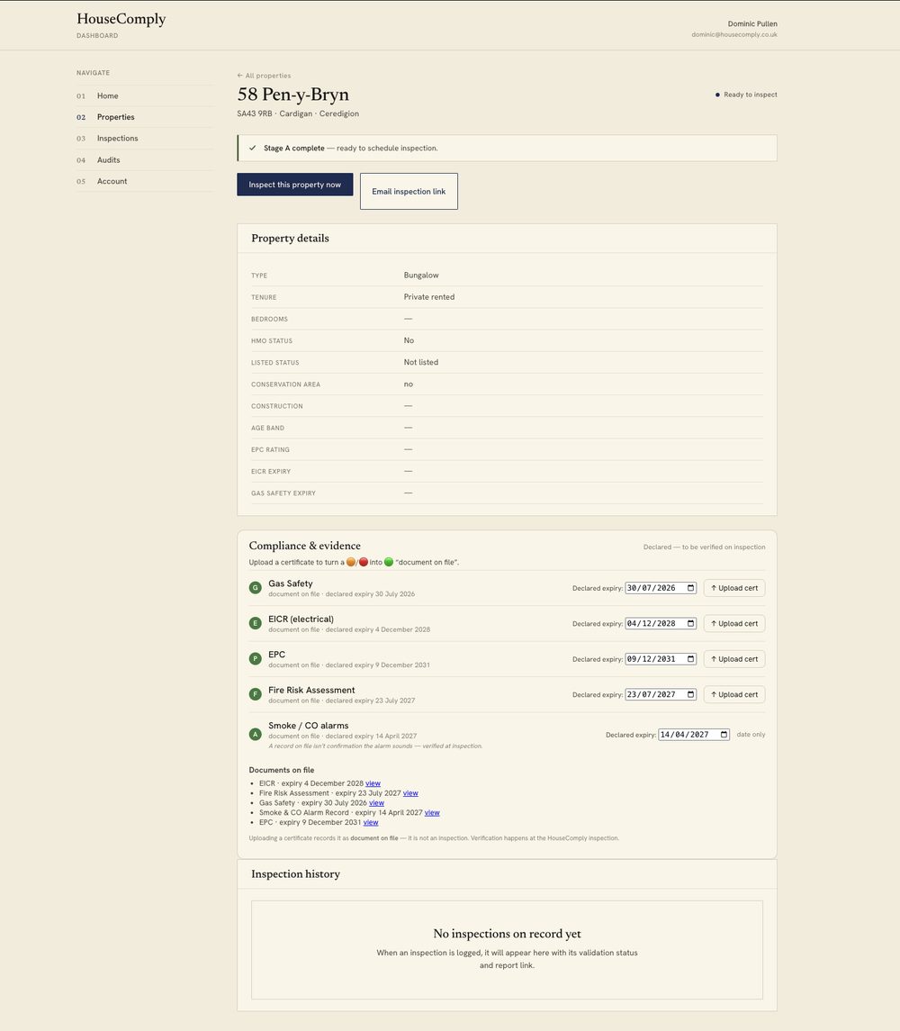 A single property record with certificates on file and renewal dates tracked